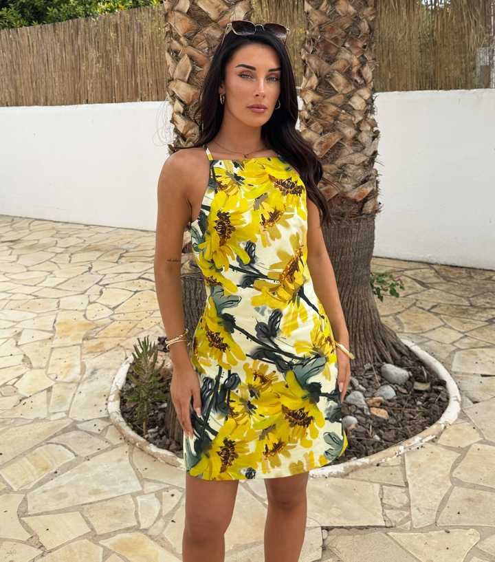 AX Paris Yellow Sunflower Racer Neck Mini Dress