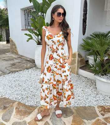 AX Paris White Floral Ruffle Strap Tiered Midi Dress
