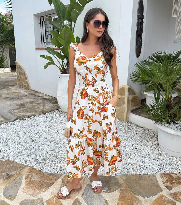 AX Paris White Floral Ruffle Strap Tiered Midi Dress
