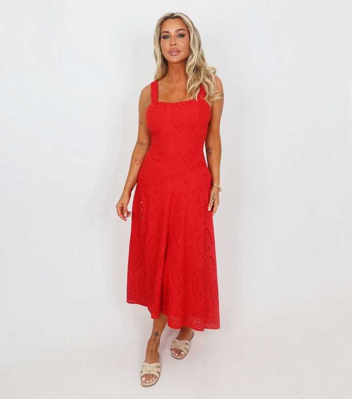 AX Paris Bright Red Broderie Shirred Straps Midi Dress