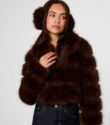 Pink Vanilla Dark Brown Faux Fur Cropped Coat