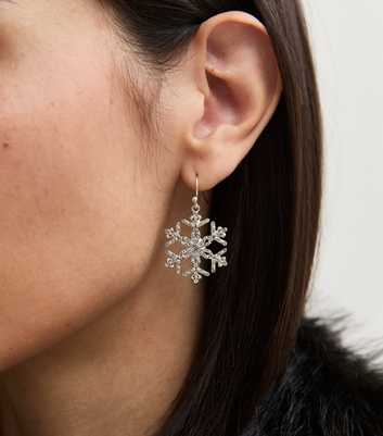 Silver Tone Christmas Diamante Snowflake Drop Earrings