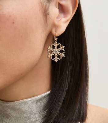 Gold Tone Christmas Diamante Snowflake Drop Earrings