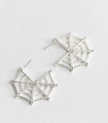 Silver Tone Halloween Sparkly Spider Web Hoop Earrings