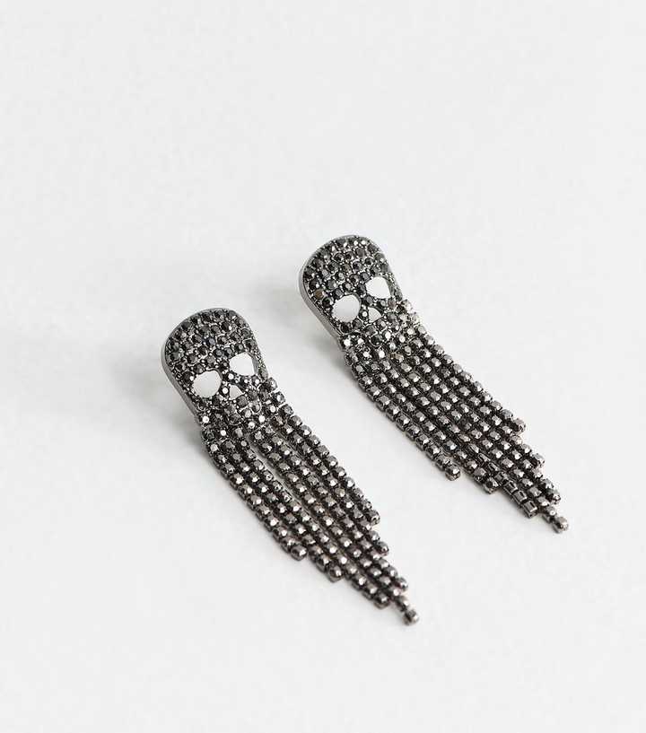 Dark Grey Rhinestone Embellished Tassel Skull Drop Earrings