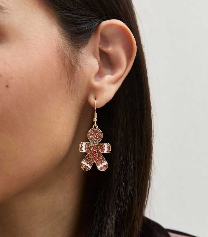 Brown Christmas Glitter Gingerbread Drop Earrings