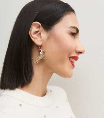 Gold Tone Christmas Diamante Sausage Dog Drop Earrings