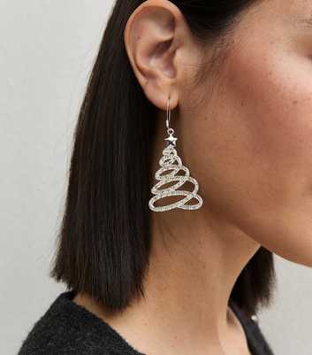 Silver Tone Christmas Tree Diamante Swirl Drop Earrings