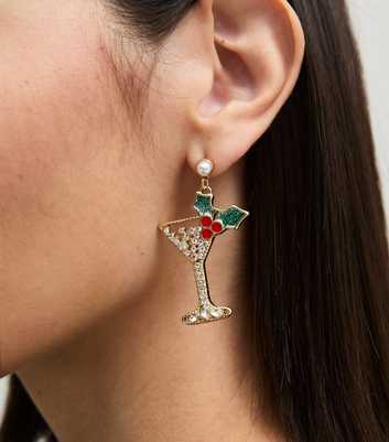 Gold Tone Christmas Diamante Cocktail Drop Earrings