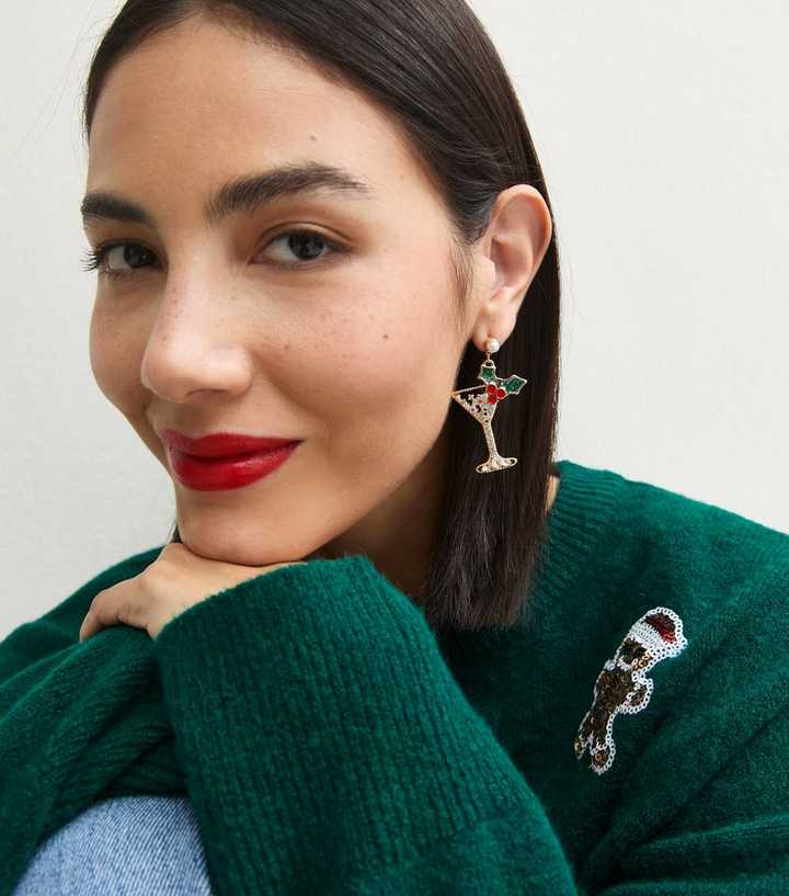 Gold Tone Christmas Diamante Cocktail Drop Earrings