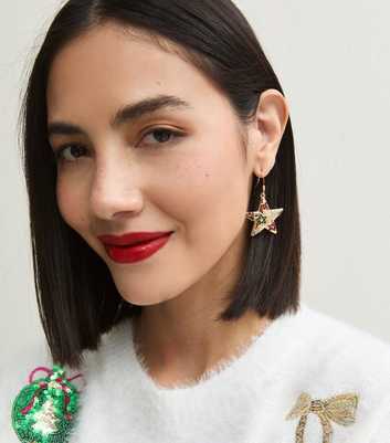 Gold Tone Christmas Star Drop Earrings