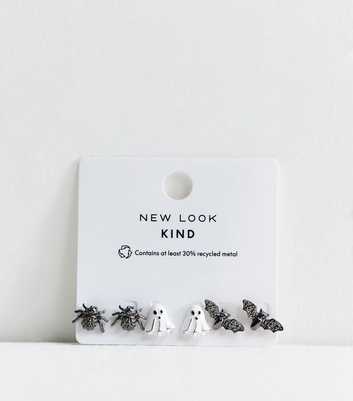 Silver Tone Pack Of 3 Halloween Spider Ghost and Bat Stud Earrings