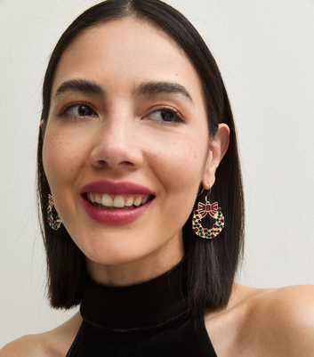 Green Christmas Bow Wreath Drop Earrings