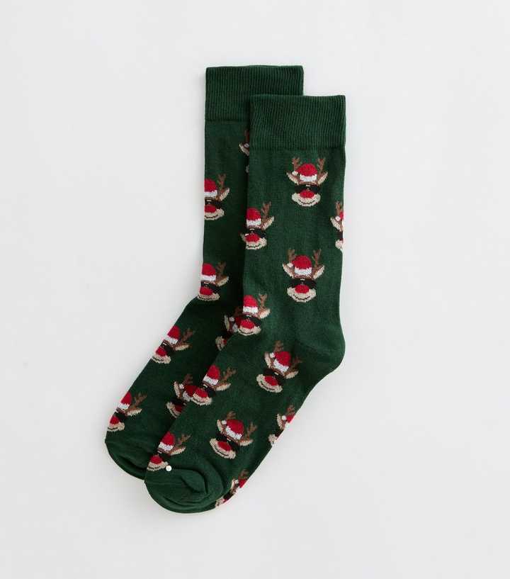 Dark Green Cotton Rich Christmas Reindeer Pattern Ankle Socks