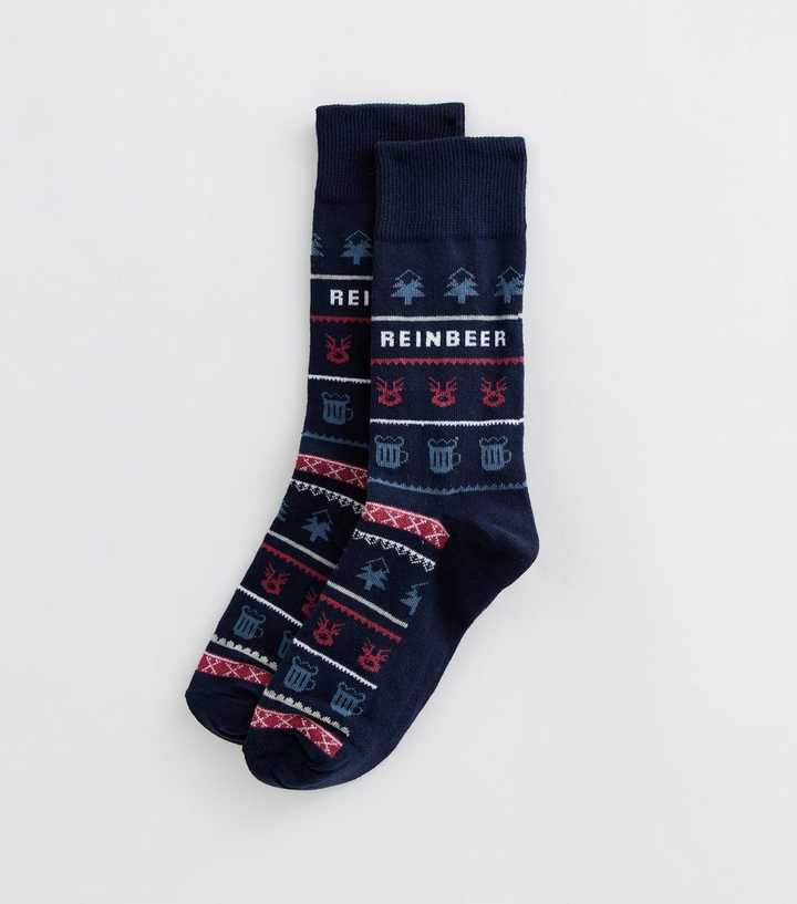 Navy Cotton Rich Christmas Fair Isle Reinbeer Slogan Ankle Socks