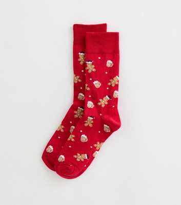 Bright Red Cotton Rich Gingerbread Pattern Ankle Socks