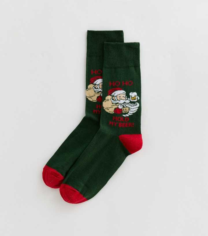 Mens Dark Green Hold My Beer Father Christmas Ankle Socks