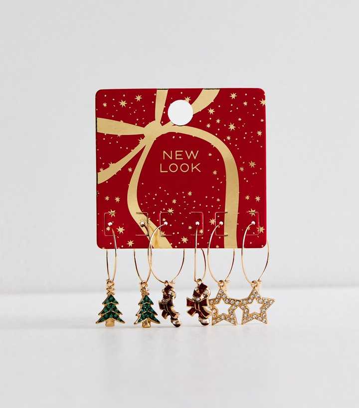 Pack Of 3 Gold Tone Christmas Charm Hoop Earrings