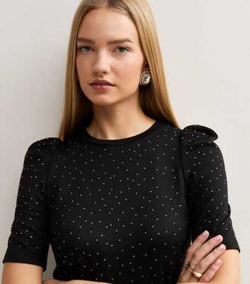 Black Diamante Embellished Puff Sleeve Knit Top