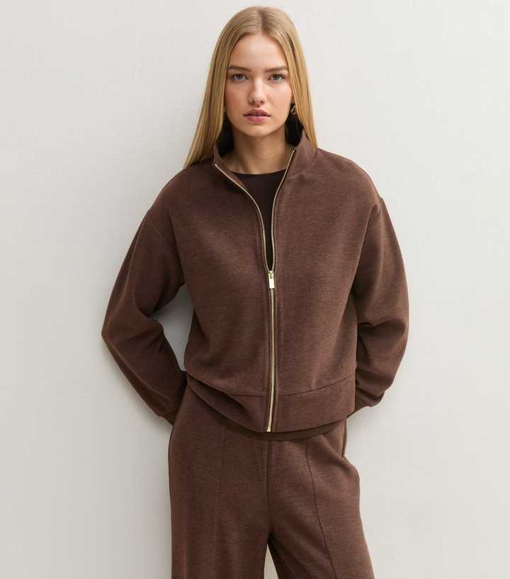 Dark Brown Soft Touch Zip Up High Neck Jacket