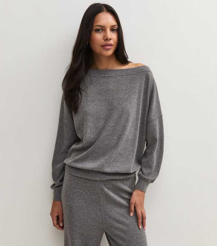 Dark Grey Soft Touch Slash Neck Top