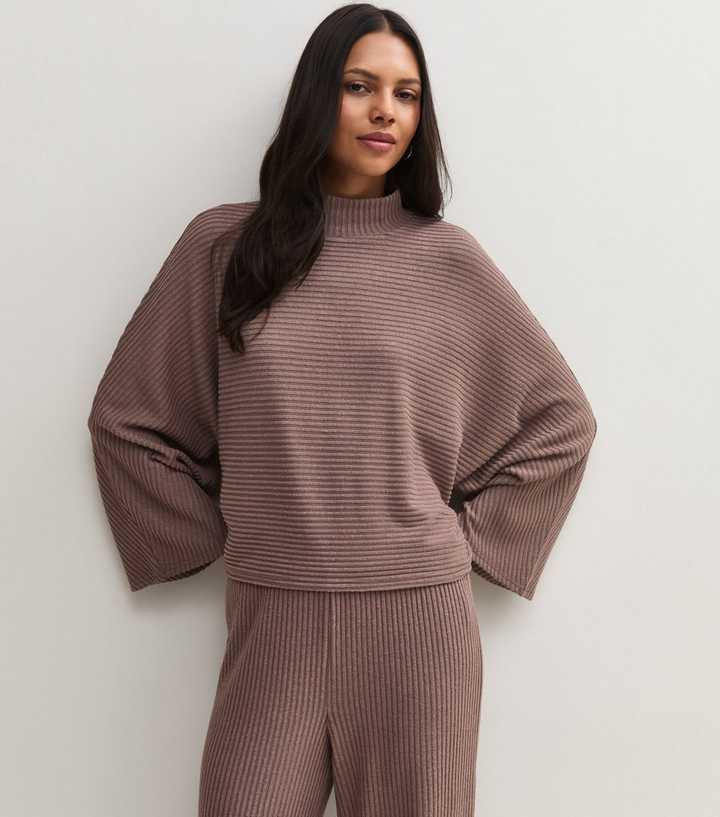Mink Soft Touch Ribbed Stand Neck Cape Sleeve Top