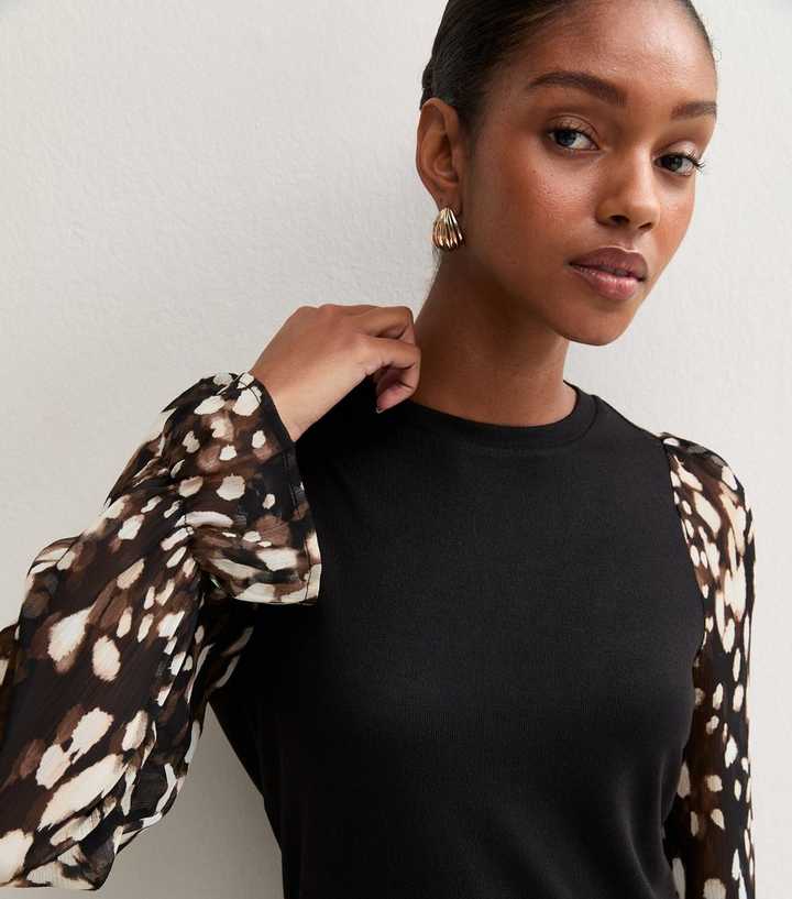 Black Spotty Chiffon Sleeve Crew Neck Top