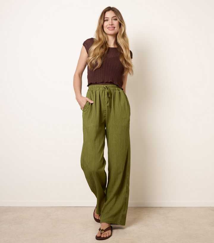 Blue Vanilla Light Khaki Drawstring Wide Leg Trousers
