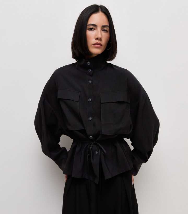 Black Long Sleeve Funnel Neck Shacket