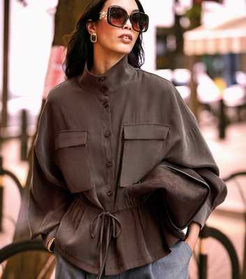 Dark Brown Long Sleeve Funnel Neck Shacket