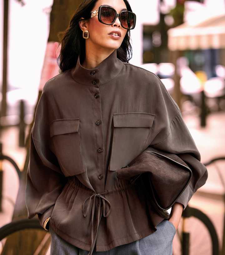 Dark Brown Long Sleeve Funnel Neck Shacket