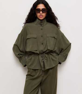 Light Khaki Long Sleeve Funnel Neck Shacket
