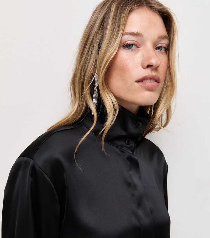 Black Satin Funnel Neck Shirt