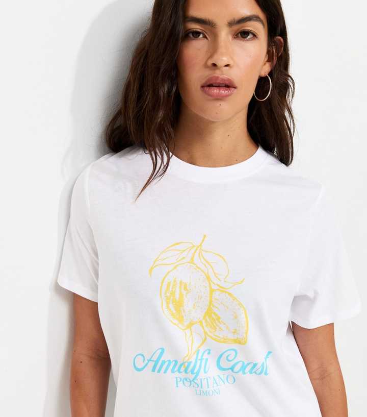 White Amalfi Coast Lemon Print Crew Neck T-Shirt