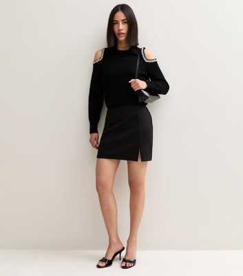 Black Notched Front Jersey Mini Skirt