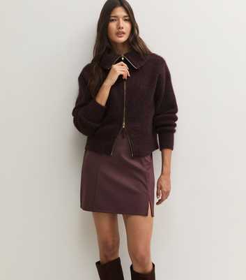 Dark Burgundy Notched Front Jersey Mini Skirt
