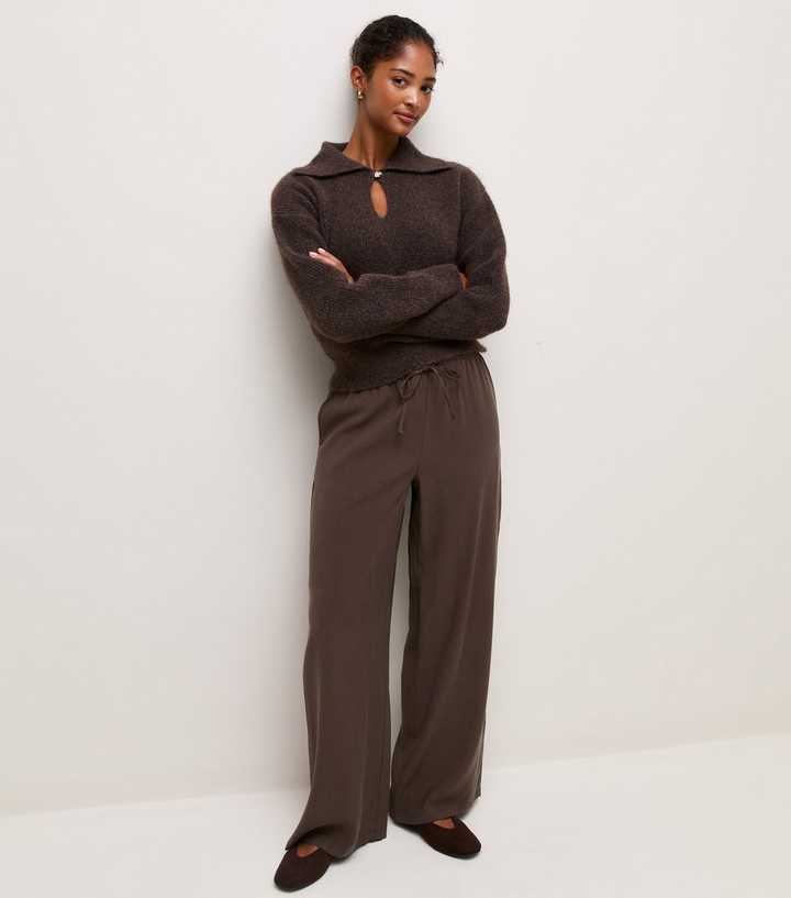 Dark Brown Woven Drawstring Waist Wide Leg Trousers