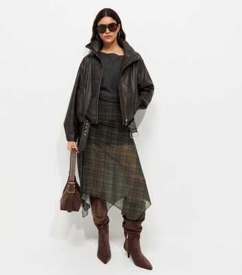 Brown Check Pattern Mesh Handkerchief Hem Midi Skirt
