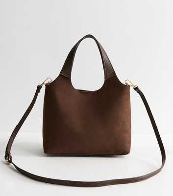 Dark Brown Faux Suede Mini Grab Handle Tote Bag