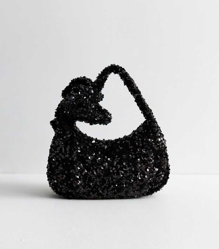 Black Velvet Sequin Bow Grab Handle Clutch Bag