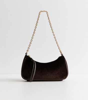 Dark Brown Velvet Chain Link Shoulder Bag