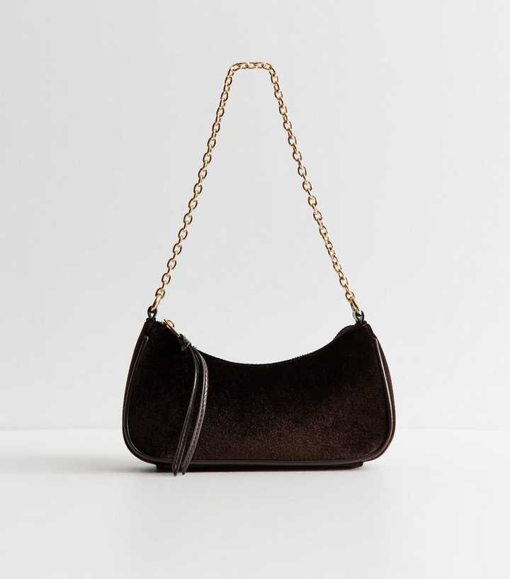 Dark Brown Velvet Chain Link Shoulder Bag