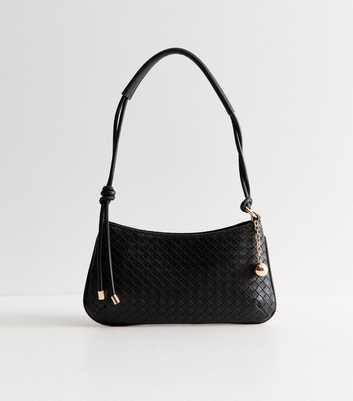 Black Faux Leather Woven Texture Shoulder Bag