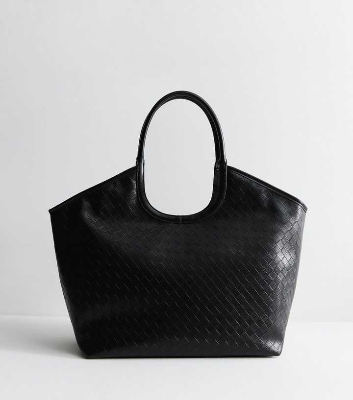 Black Faux Leather Woven Effect Tote Bag