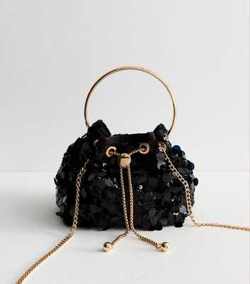 Black Large Sequin Embellished Bucket Clutch