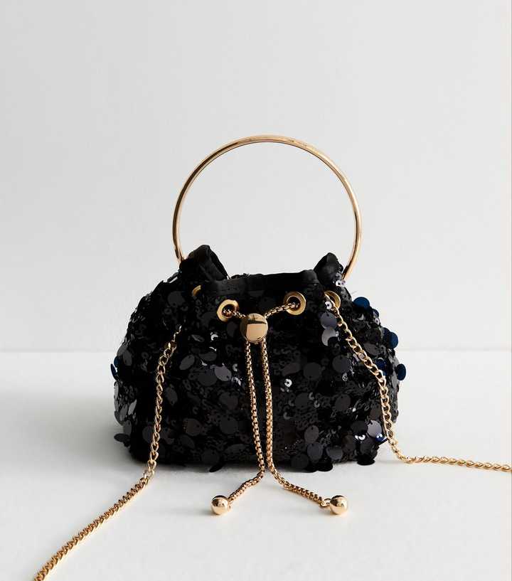 Black Large Sequin Embellished Bucket Clutch