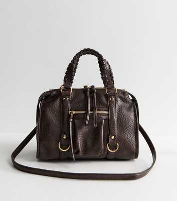 Dark Brown Pebbled Faux Leather Whipstitch Trim Crossbody Bag