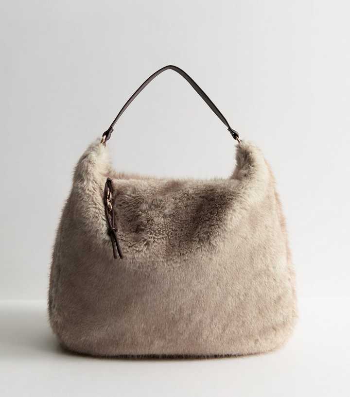 Cream Faux Fur Hobo Shoulder Bag