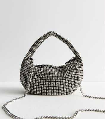 Silver Rhinestone Embellished Grab Handle Bag