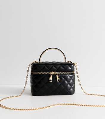 Black Faux Leather Quilted Vanity Cross Body Bag